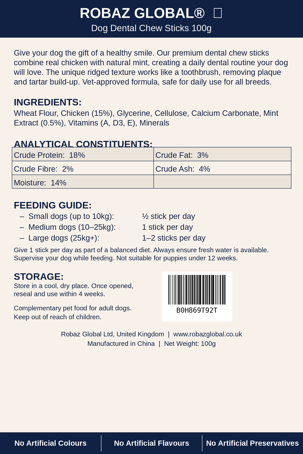 ROBAZ GLOBAL Dog Dental Chew Sticks 100g - Back Panel with Ingredients