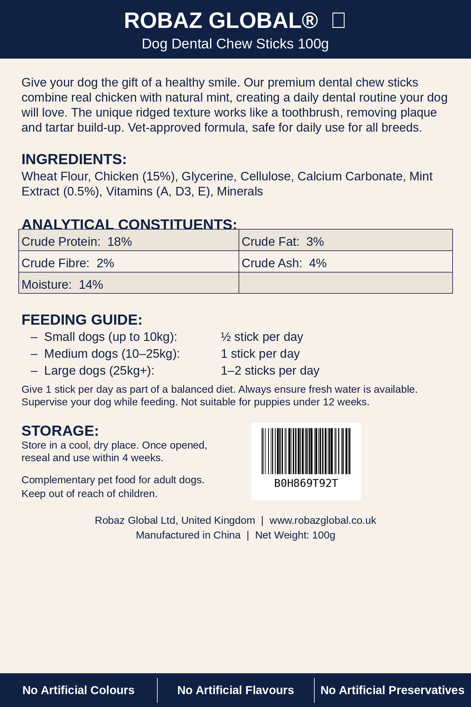 ROBAZ GLOBAL Dog Dental Chew Sticks 100g - Back Panel with Ingredients
