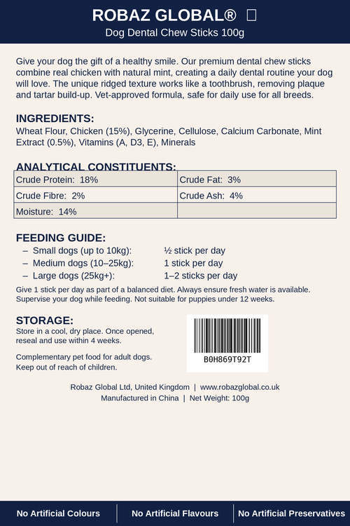 ROBAZ GLOBAL Dog Dental Chew Sticks 100g - Back Panel with Ingredients