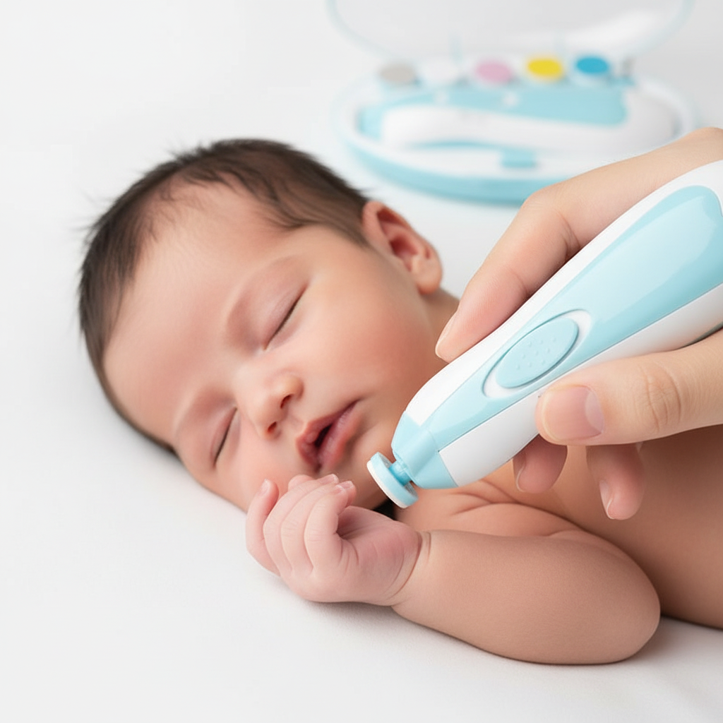 Baby electric nail trimmer being gently used on a newborn baby's fingers