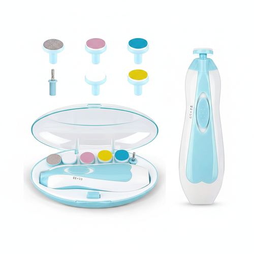 Flat lay of baby electric nail trimmer set with all 6 grinding heads and carry case